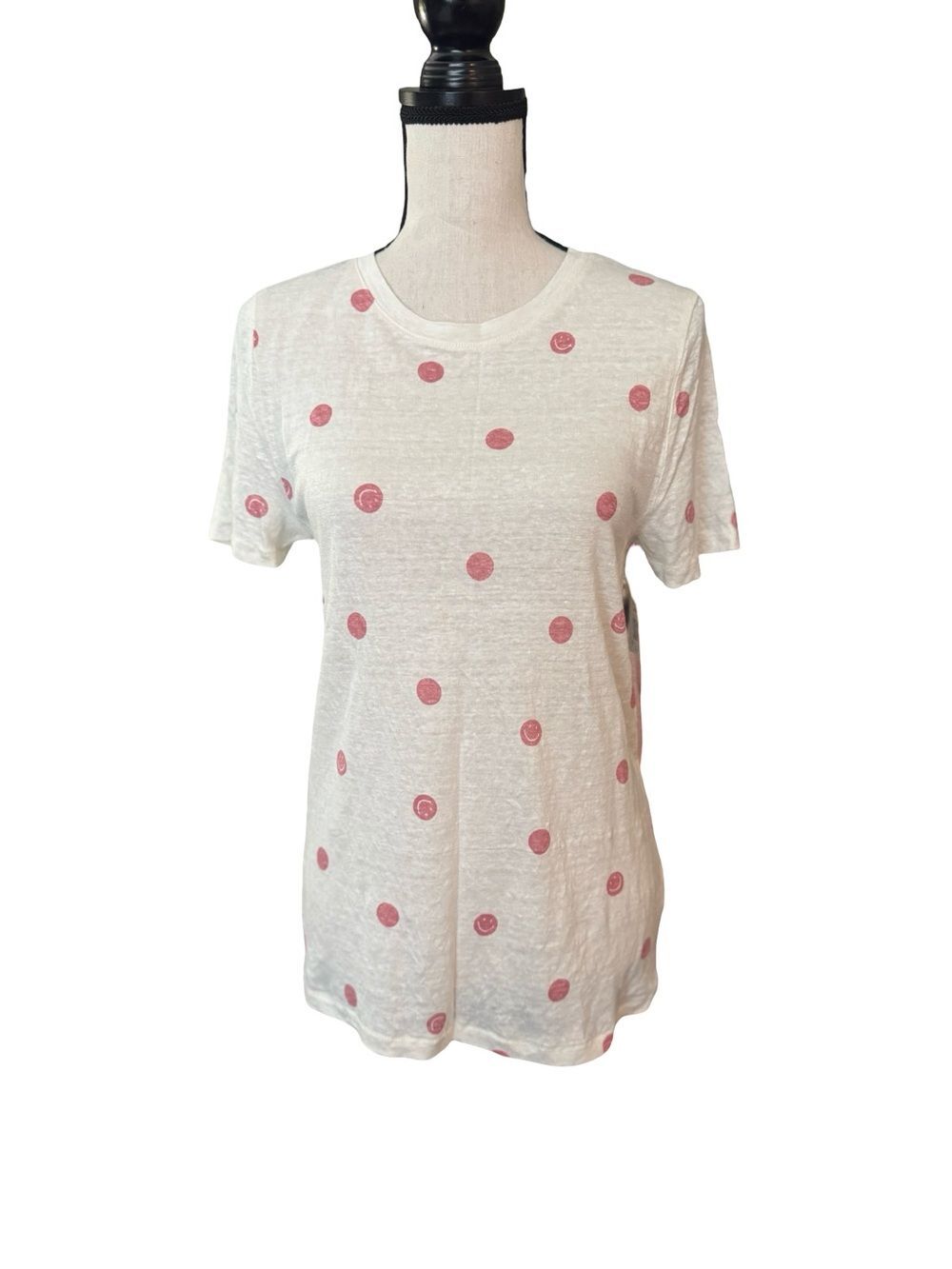 J.Crew Linen Tee Smiley Polka Dot T-Shirt Ivory Pink 100% Linen Short Sleeve